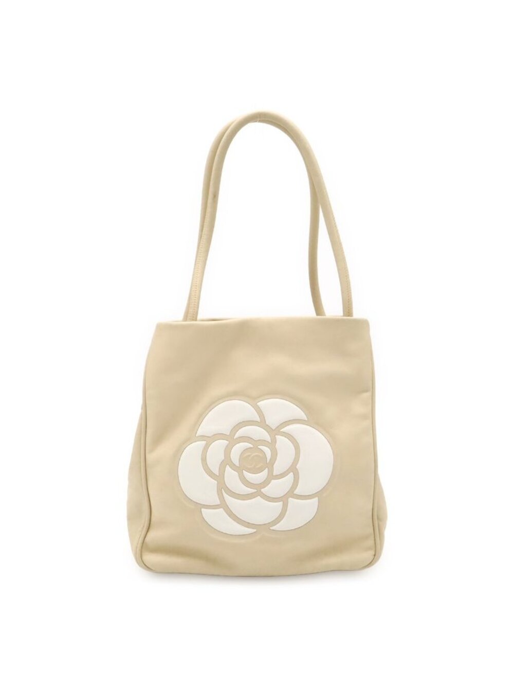 Chanel Camellia Logo Tote Shoulder Leather Beige White Gold
